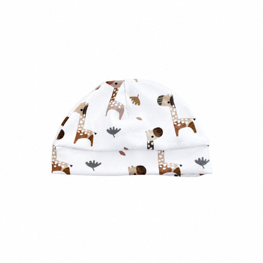 White cotton/lycra baby beanie featuring playful brown, beige and grey giraffes with scattered leaves, a rounded crown and wide fold-over band.