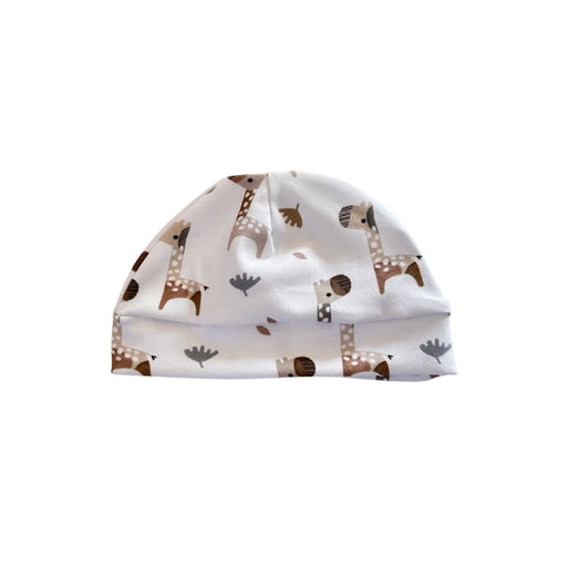 Classic Beanie– Kameelperd cotton baby beanie with giraffe and leaf print in soft neutral tones