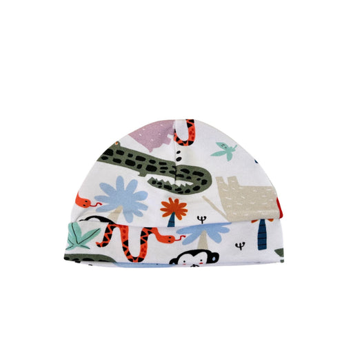 Classic beanie featuring a vibrant jungle-inspired print with monkeys, crocodiles, and bright colours on soft white cotton fabric.