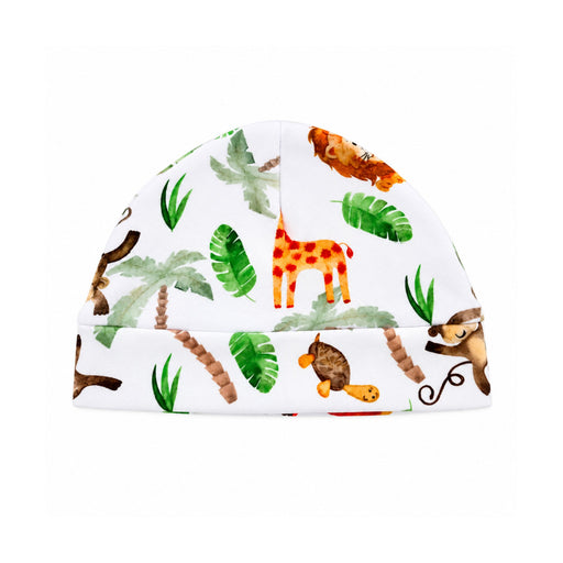 Back view of the Classic Beanie - Simba Watercolour on a white base, showing the rounded crown seam, wide folded band and colourful giraffe, turtle, monkey and tropical-leaf print.