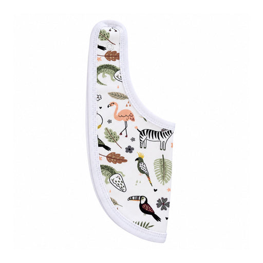 African Plains classic bib folded lengthways, showing white bound edges and a neck press stud, with a peach flamingo, zebra, green crocodiles and birds.