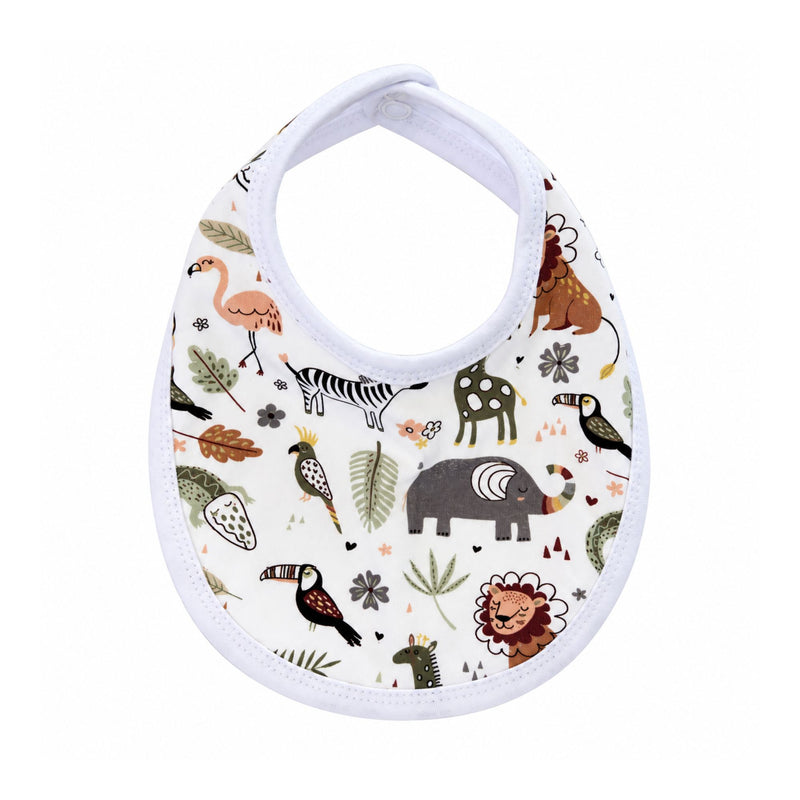 White African Plains classic baby bib with grey elephant, rust lions, zebra, peach flamingo, colourful birds and green leaves, finished with white binding.