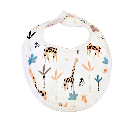 Classic Bib - Giraffe with giraffe safari print, white cotton baby bib featuring giraffes and palm trees in neutral tones