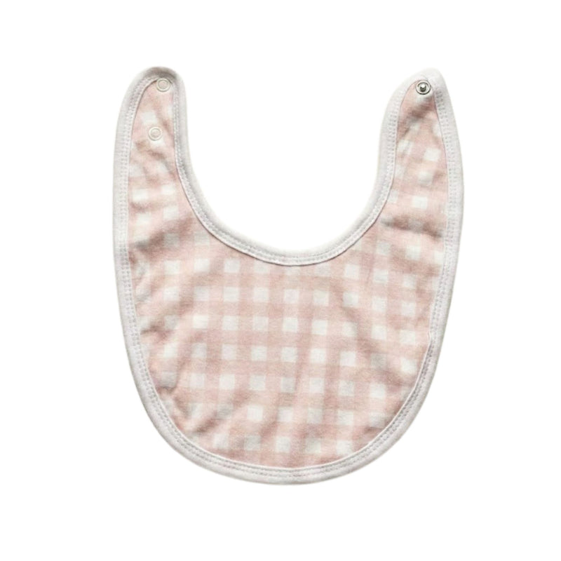 Baby bib with pink and white checkered pattern on a white background