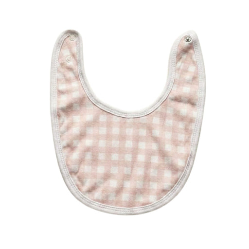 Baby bib with pink and white checkered pattern on a white background