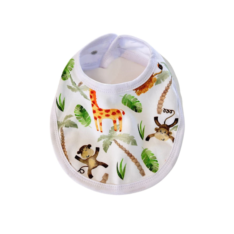 Classic baby bib featuring a Simba watercolour print with lions, giraffes, monkeys and jungle foliage from BabaFishees