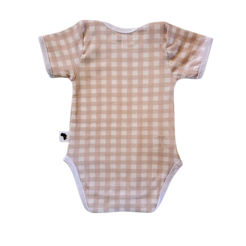 Back view of Classic Onesie - Short Sleeve - Gingham - Pink  with short sleeves and press studs