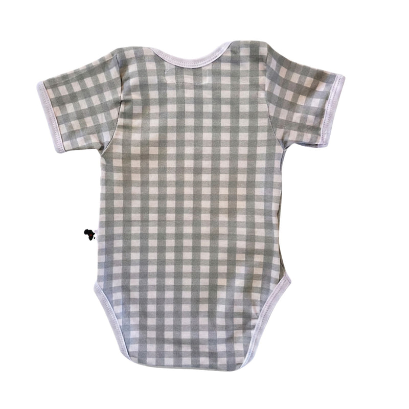 Back view of Classic Onesie -Short Sleeve - Gingham - Sage Green  with short sleeves and press studs