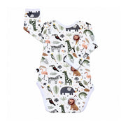 Classic Onesie - African Plains, long-sleeved back view with white trims and grey elephants, rust lions, green giraffes, zebras and peach flamingos.