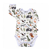 Classic Onesie - African Plains, front view with long sleeves, white envelope neckline and two crotch press studs, featuring colourful animals on white.