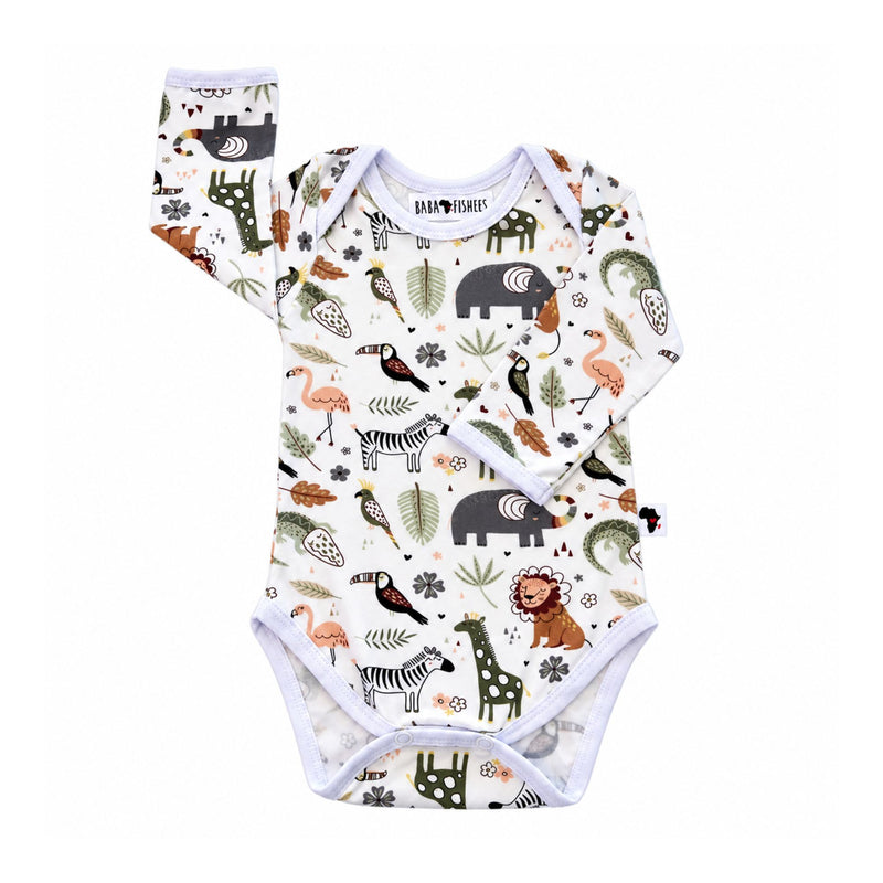 Classic Onesie - African Plains, front view with long sleeves, white envelope neckline and two crotch press studs, featuring colourful animals on white.