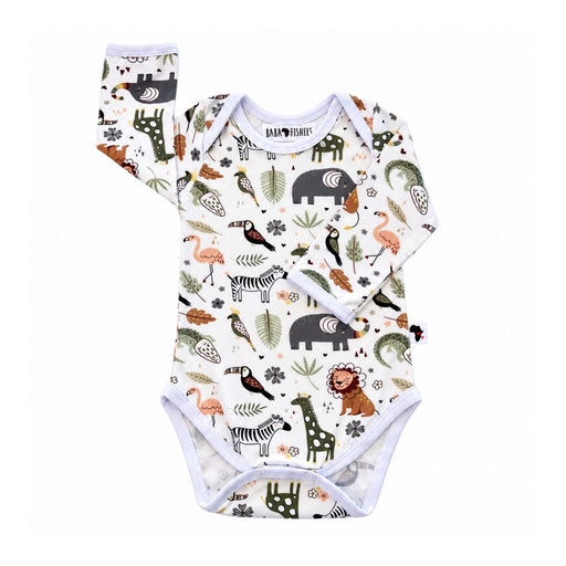 Classic Onesie - African Plains, front view with long sleeves, white envelope neckline and two crotch press studs, featuring colourful animals on white.