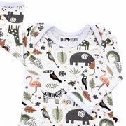 Classic Onesie - African Plains, long-sleeved neckline detail showing overlapping shoulders, white binding and Baba Fishees label with elephant and bird motifs.