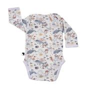 Back view of a white Classic Onesie - Fin and Friends with long sleeves, an envelope neckline and an all-over dolphin, whale, jellyfish, seahorse, fish and coral print
