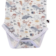 Bottom close-up of long-sleeve Classic Onesie - Fin and Friends showing two crotch press studs, white-bound leg openings and detailed marine illustrations