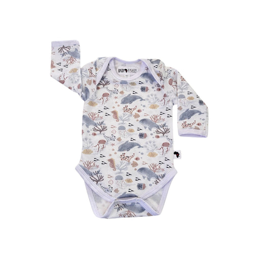 Front view of a white Classic Onesie - Fin and Friends with long sleeves, an envelope neckline and an all-over dolphin, whale, jellyfish, seahorse, fish and coral print