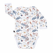 Back view of a white Classic Onesie - Finn and Friends with long sleeves, an envelope neckline and an all-over dolphin, whale, jellyfish, seahorse, fish and coral print