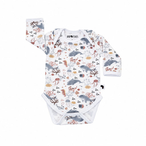Front view of a white Classic Onesie - Fin and Friends with long sleeves, an envelope neckline and an all-over dolphin, whale, jellyfish, seahorse, fish and coral print