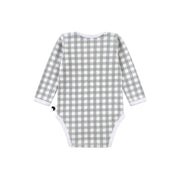 Back view of Classic Onesie - Long Sleeve - Gingham - Sage Green  with long sleeves and press studs