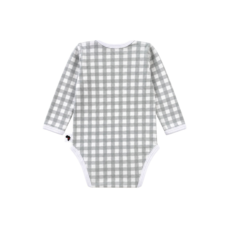 Back view of Classic Onesie - Long Sleeve - Gingham - Sage Green  with long sleeves and press studs