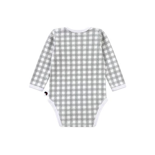 Back view of Classic Onesie - Long Sleeve - Gingham - Sage Green  with long sleeves and press studs
