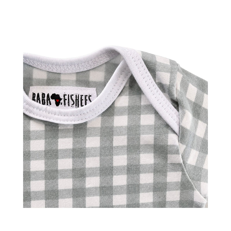 Neckline of Classic Onesie - Long Sleeve - Gingham - Sage Green  with long sleeves and press studs