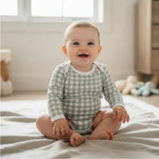 Classic Onesie - Long Sleeve - Gingham - Sage Green  with long sleeves and press studs on baby