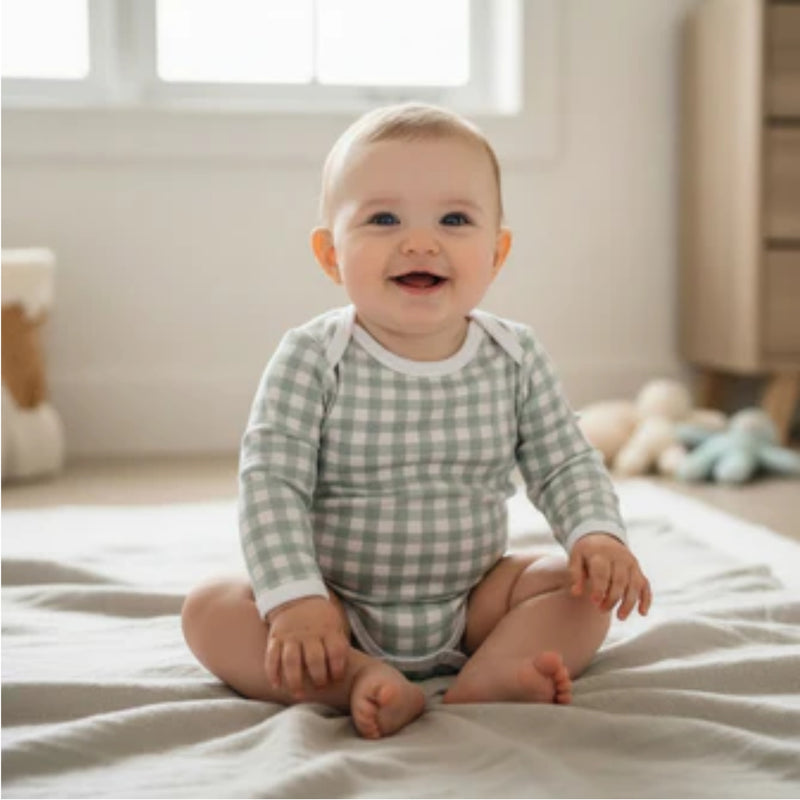 Classic Onesie - Long Sleeve - Gingham - Sage Green  with long sleeves and press studs on baby