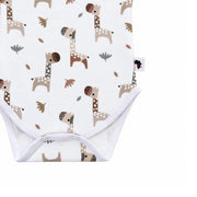 A close-up of a baby bodysuit featuring a playful giraffe and leaf pattern on a white background, with white trim and snap closures at the crotch.