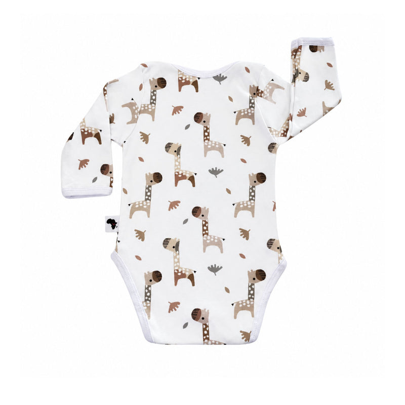 Back view of Classic Onesie - LS - Kameelperd featuring long sleeves, soft cotton stretch fabric, and a muted earthy coloured giraffe print with envelope neckline and snap-button closure.