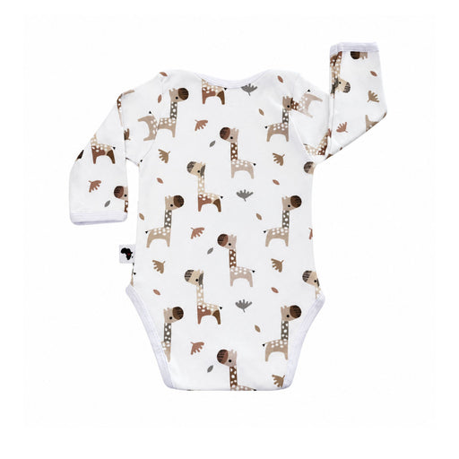 Back view of Classic Onesie - LS - Kameelperd featuring long sleeves, soft cotton stretch fabric, and a muted earthy coloured giraffe print with envelope neckline and snap-button closure.