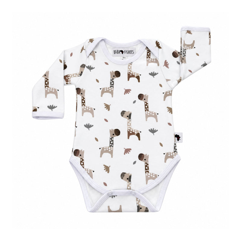 Classic Onesie - LS - Kameelperd featuring long sleeves, soft cotton stretch fabric, and a muted earthy coloured giraffe print with envelope neckline and snap-button closure.