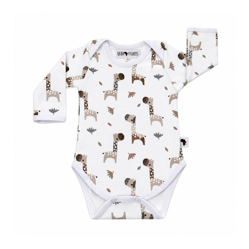 Classic Onesie - LS - Kameelperd featuring long sleeves, soft cotton stretch fabric, and a muted earthy coloured giraffe print with envelope neckline and snap-button closure.