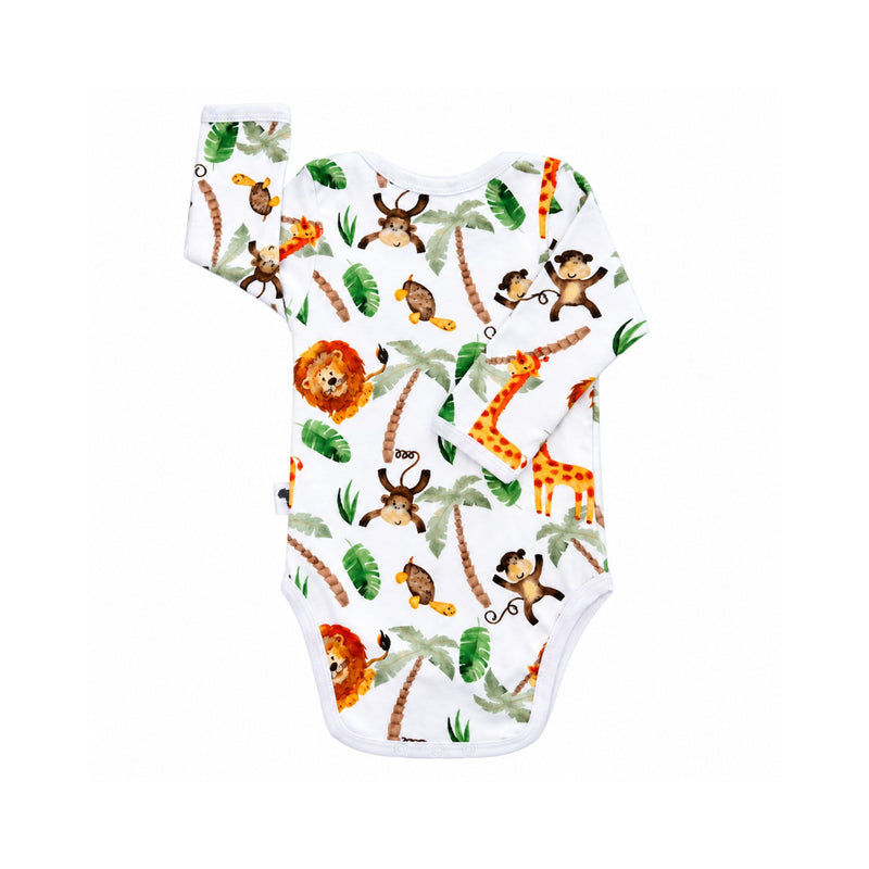 Back of the white Classic Onesie - Simba Watercolour with long sleeves, orange lions and giraffes, brown monkeys and turtles, green palms and white edging.