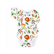 White long-sleeve Classic Onesie - Simba Watercolour with safari animals and green foliage, an envelope neckline, white-bound leg openings and crotch press studs.