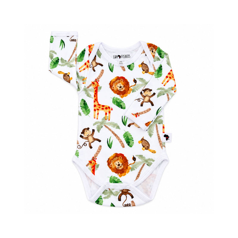 White long-sleeve Classic Onesie - Simba Watercolour with safari animals and green foliage, an envelope neckline, white-bound leg openings and crotch press studs.
