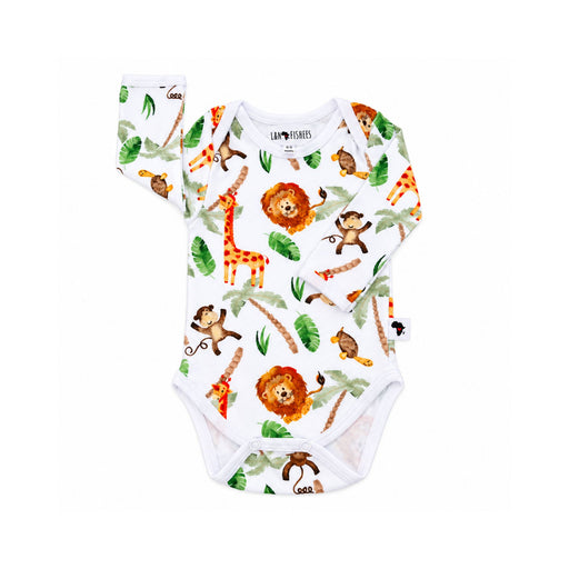 White long-sleeve Classic Onesie - Simba Watercolour with safari animals and green foliage, an envelope neckline, white-bound leg openings and crotch press studs.