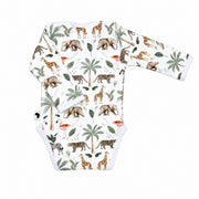 Back view of Classic Onesie - Long Sleeve - Two By Two in white with elephant, giraffe, zebra, flamingo and palm tree print
