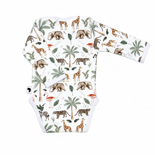 Back view of Classic Onesie - Long Sleeve - Two By Two in white with elephant, giraffe, zebra, flamingo and palm tree print