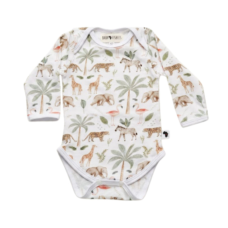 Classic Onesie - Long Sleeve - Two By Two in white with elephant, giraffe, zebra, flamingo and palm tree print