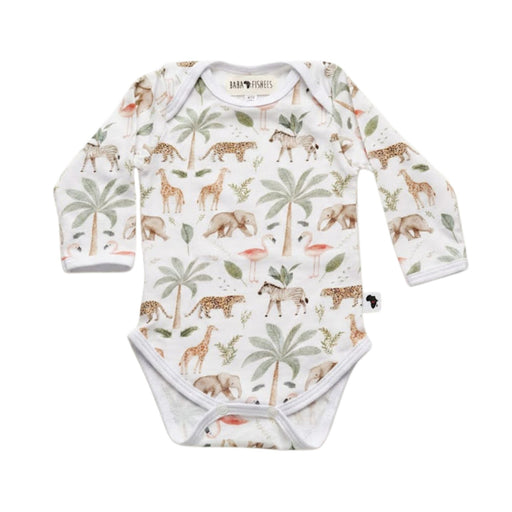 Classic Onesie - Long Sleeve - Two By Two in white with elephant, giraffe, zebra, flamingo and palm tree print
