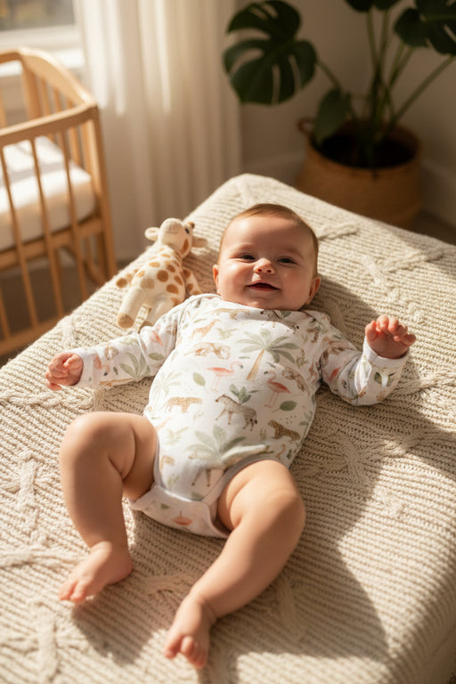 Classic Onesie - Long Sleeve - Two By Two in white with elephant, giraffe, zebra, flamingo and palm tree print