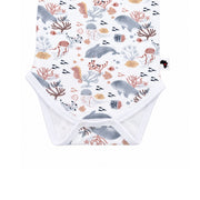 Bottom close-up of long-sleeve Classic Onesie - Finn and Friends showing two crotch press studs, white-bound leg openings and detailed marine illustrations