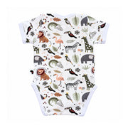 Classic Onesie - African Plains, short-sleeved back view showing white sleeve and leg trims, with zebras, peach flamingos, green crocodiles and rust lions.