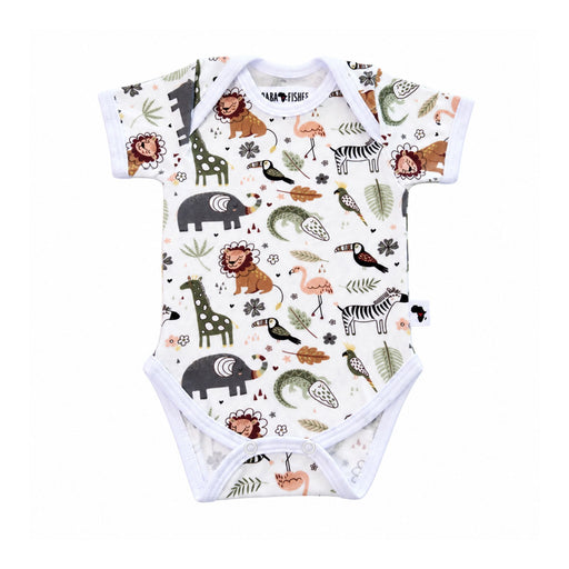 Classic Onesie - African Plains, front view with short sleeves, white-bound envelope neckline and crotch press studs, with lions, giraffes, elephants and crocodiles on white.
