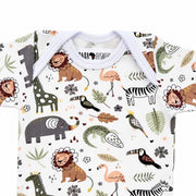 Classic Onesie - African Plains, short-sleeved neckline detail with overlapping shoulders, white stitching and Baba Fishees label, surrounded by lions, giraffes and birds.