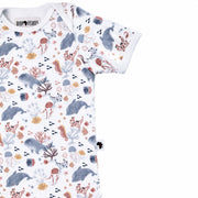 Side close-up of short-sleeve Classic Onesie - Finn and Friends showing the sleeve finish, curved leg opening, Baba Fishees Africa label and underwater illustrations