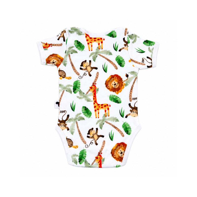 Back of the white short-sleeve Classic Onesie - Simba Watercolour, featuring orange lions and giraffes, brown monkeys, green tropical leaves and white-bound sleeve edges.
