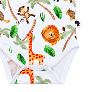 Classic Onesie - Simba Watercolour bottom detail showing white-bound leg openings, crotch press studs, an Africa-shaped side-label motif and colourful safari animals.