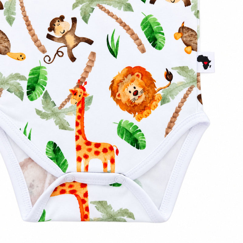 Classic Onesie - Simba Watercolour bottom detail showing white-bound leg openings, crotch press studs, an Africa-shaped side-label motif and colourful safari animals.